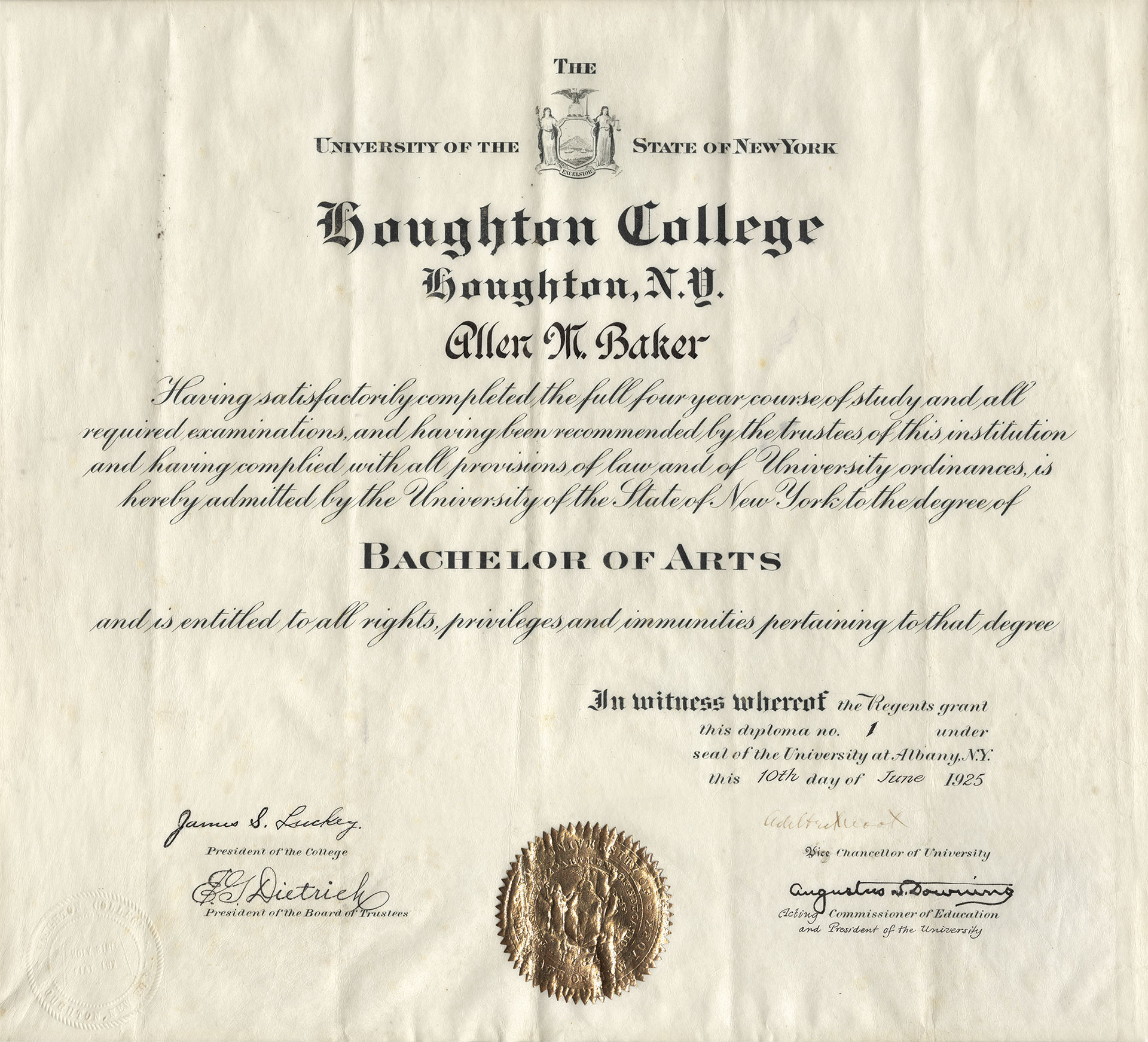 Houghton College first diploma with golden seal.