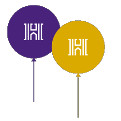 Purple and gold animated balloons with Houghton's H logo.