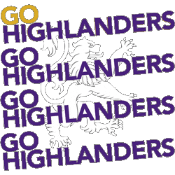 Animated Go Highlanders text on top of white lion emblem.