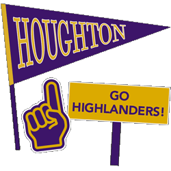 Purple Houghton pennant with purple number one hand and Go Highlanders sign in gold.