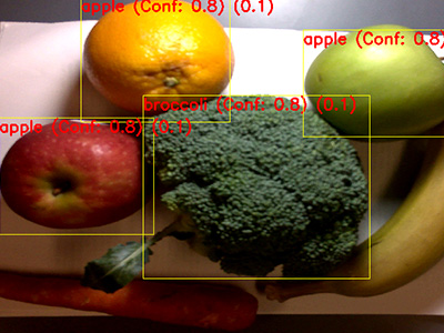 Computer science technology detecting fruits and vegetables with yellow outlines and red text.