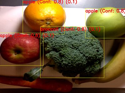 Computer science technology detecting fruits and vegetables with yellow outlines and red text.