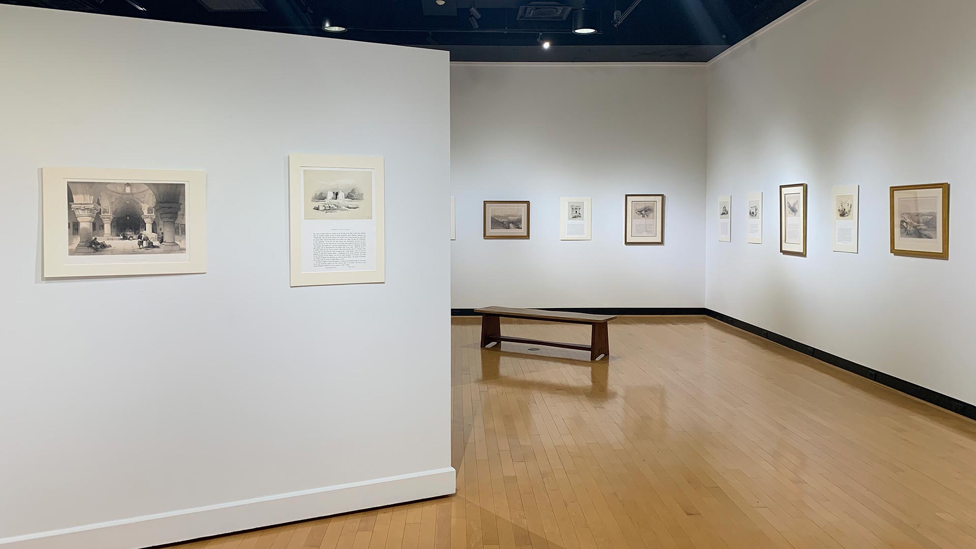 Interior gallery view of David Roberts exhibit at Houghton University.
