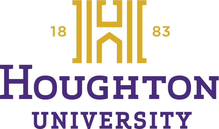 Houghton University's official stacked logo in gold and purple.