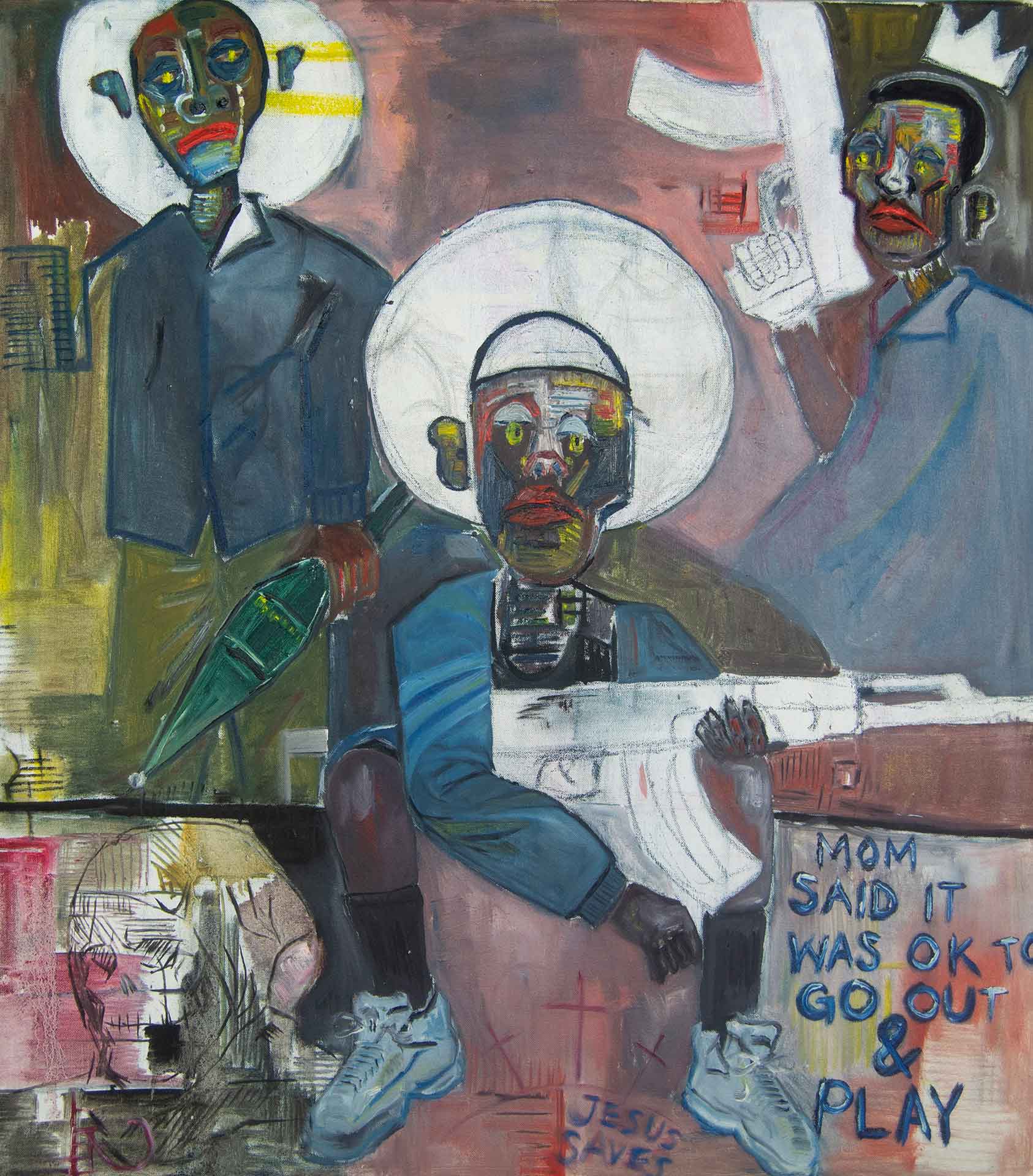 Joel Mulindwa painting with three flat shaped figures.