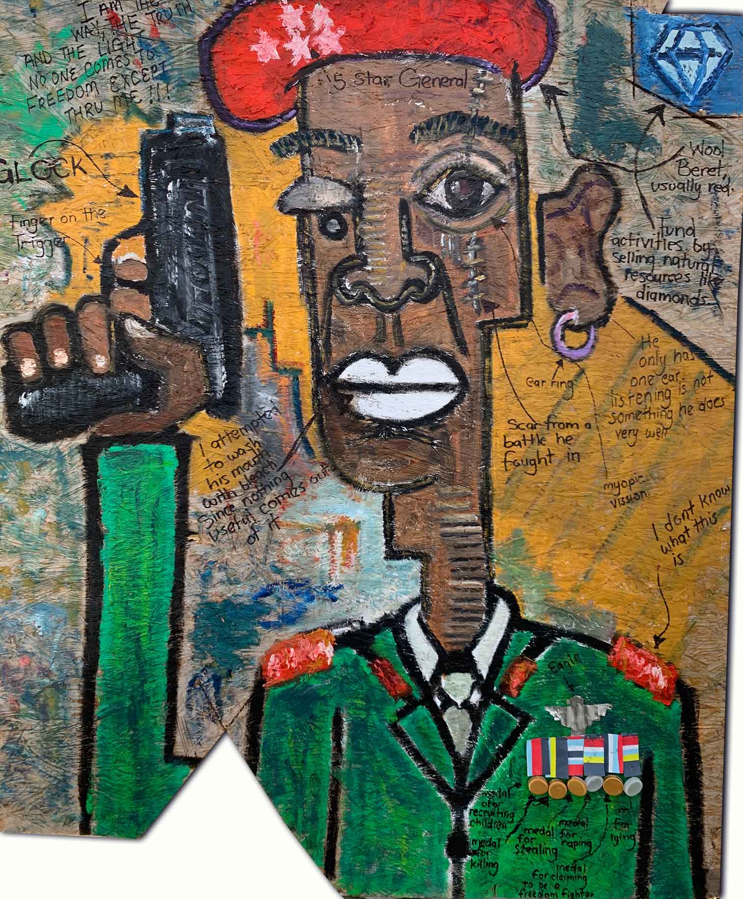 Joel Mulindwa painting with figure in military dress holding weapon.