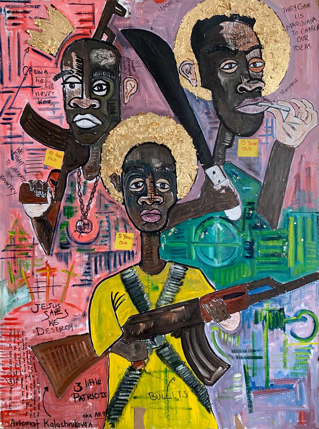 Joel Mulindwa painting with three flat shaped figures, some holding weapons.