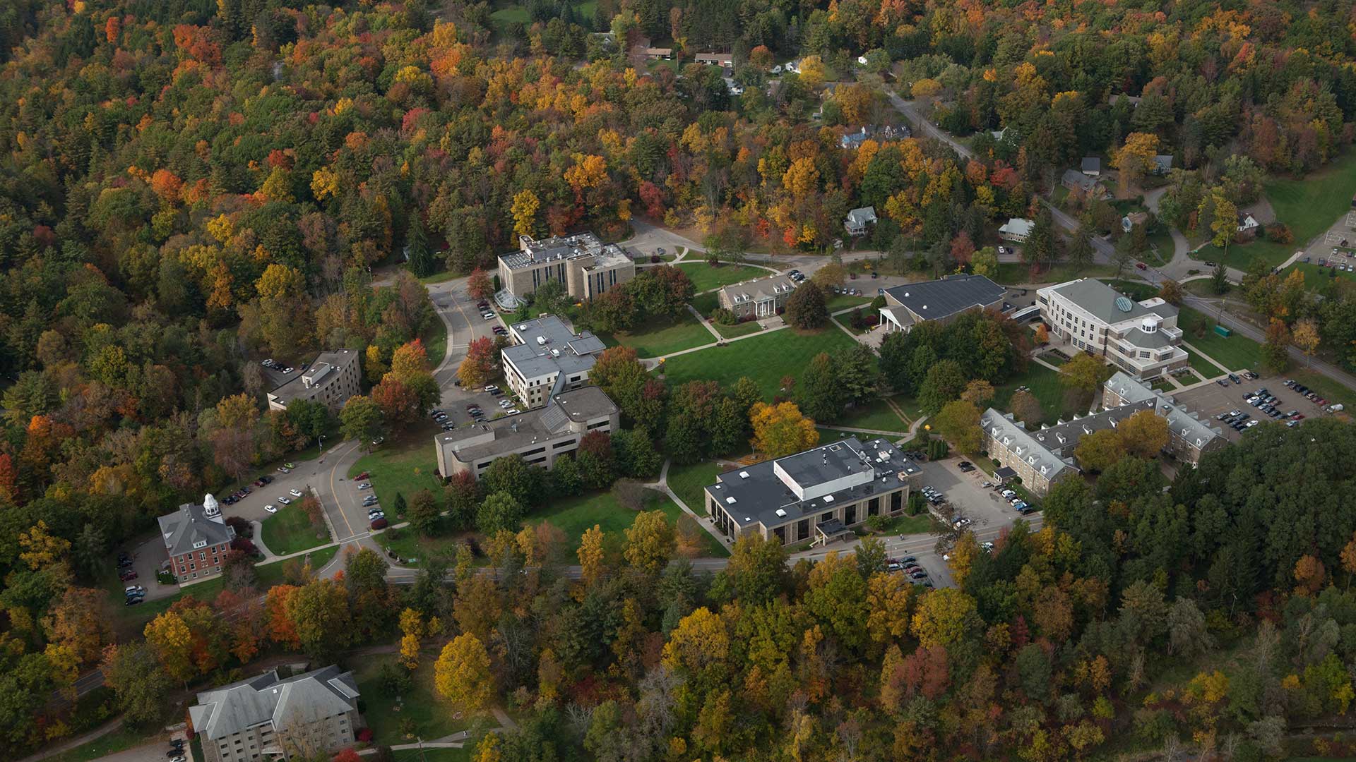 Aerial view of Houghton University campus in the fall.