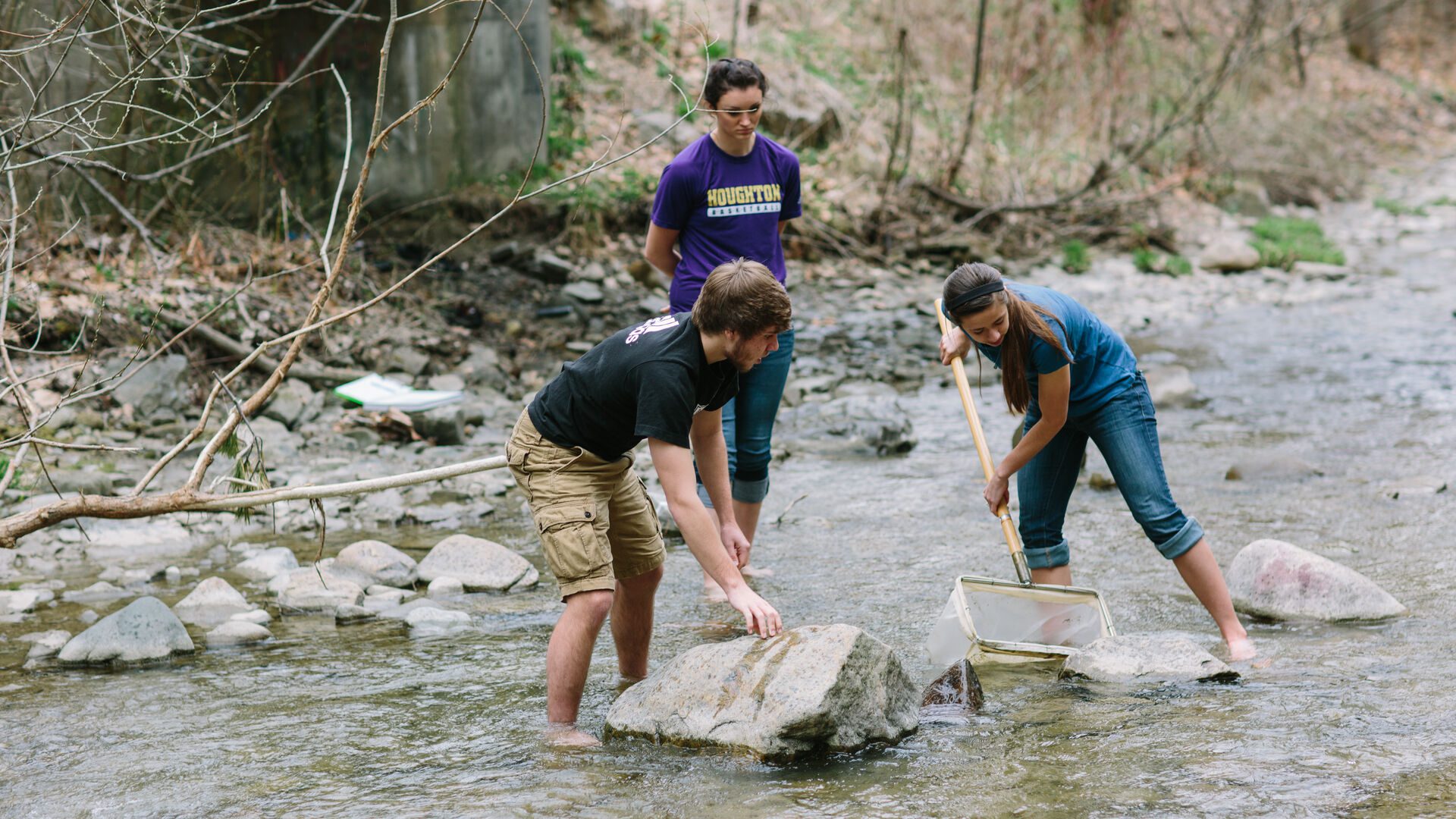 Three Houghton biology students uses nets in stream.