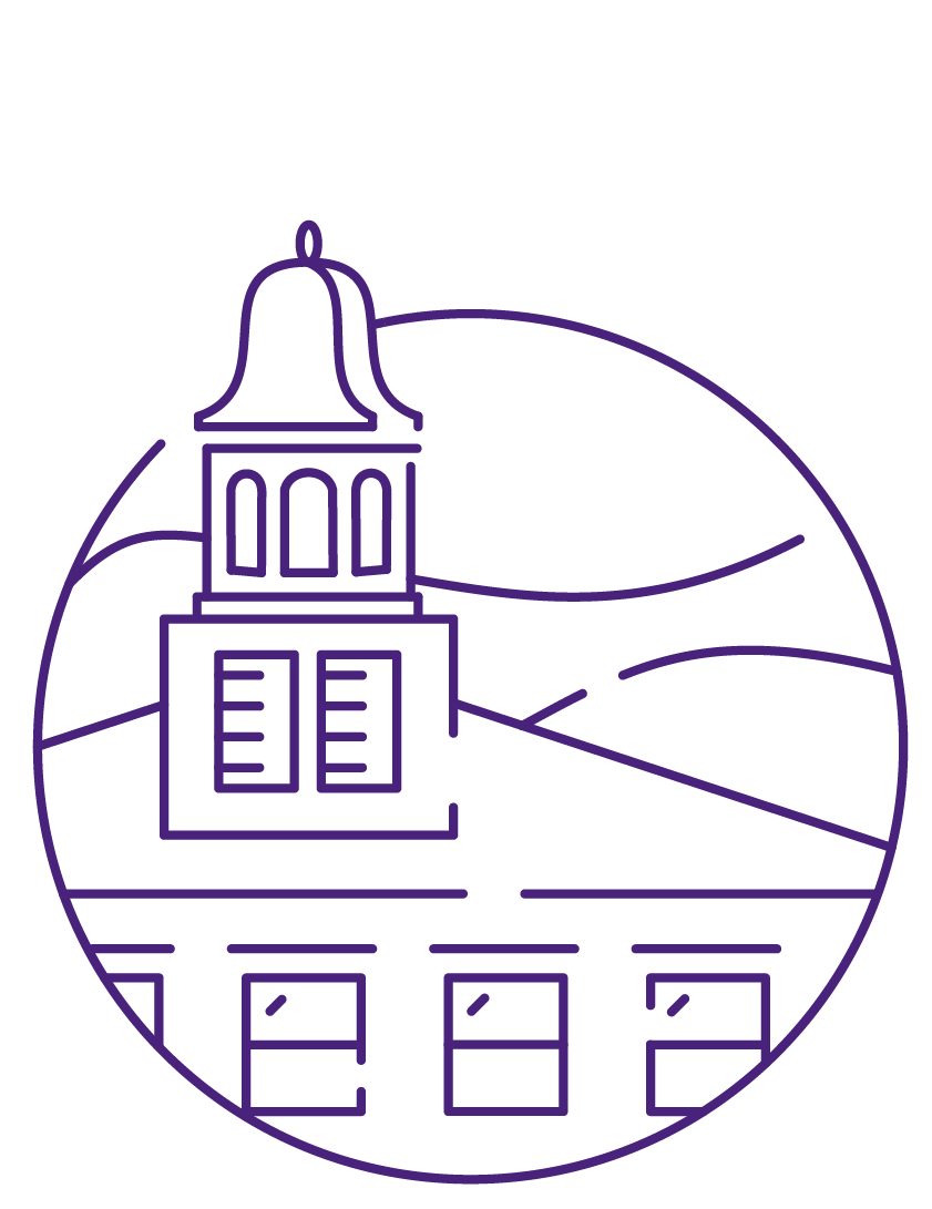 Purple outline icon of Houghton NY Fancher Bell Tower.
