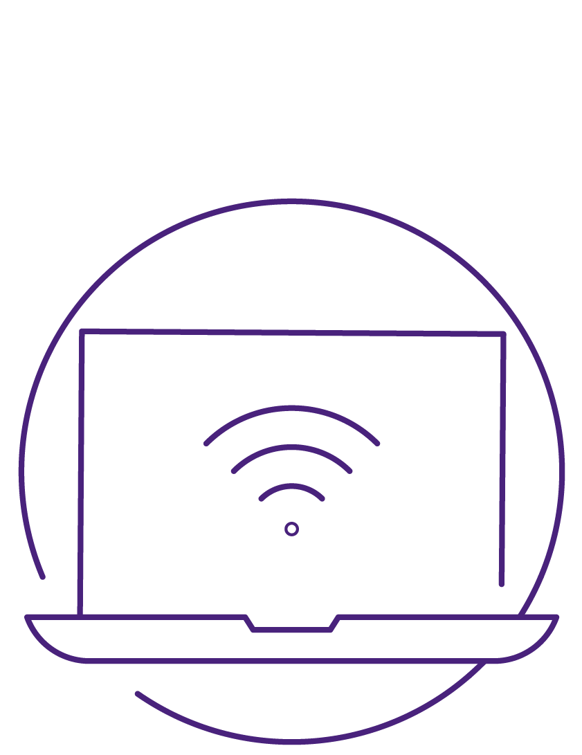 Purple outline icon of an open laptop.