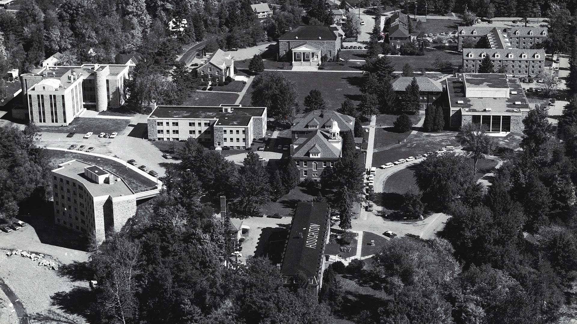 Historic aerial black and white shot of Houghton College.