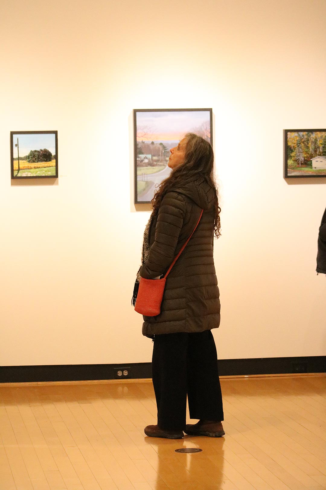 Woman looking at paintings in the Ortlip Gallery at Houghton.