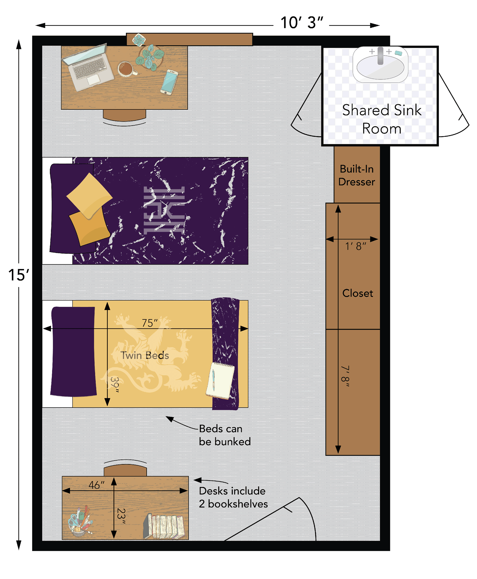 Diagram of the interior of a room at Gillette Hall at Houghton.