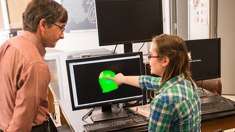 Houghton psychology student pointing at computer screen with professor observing.