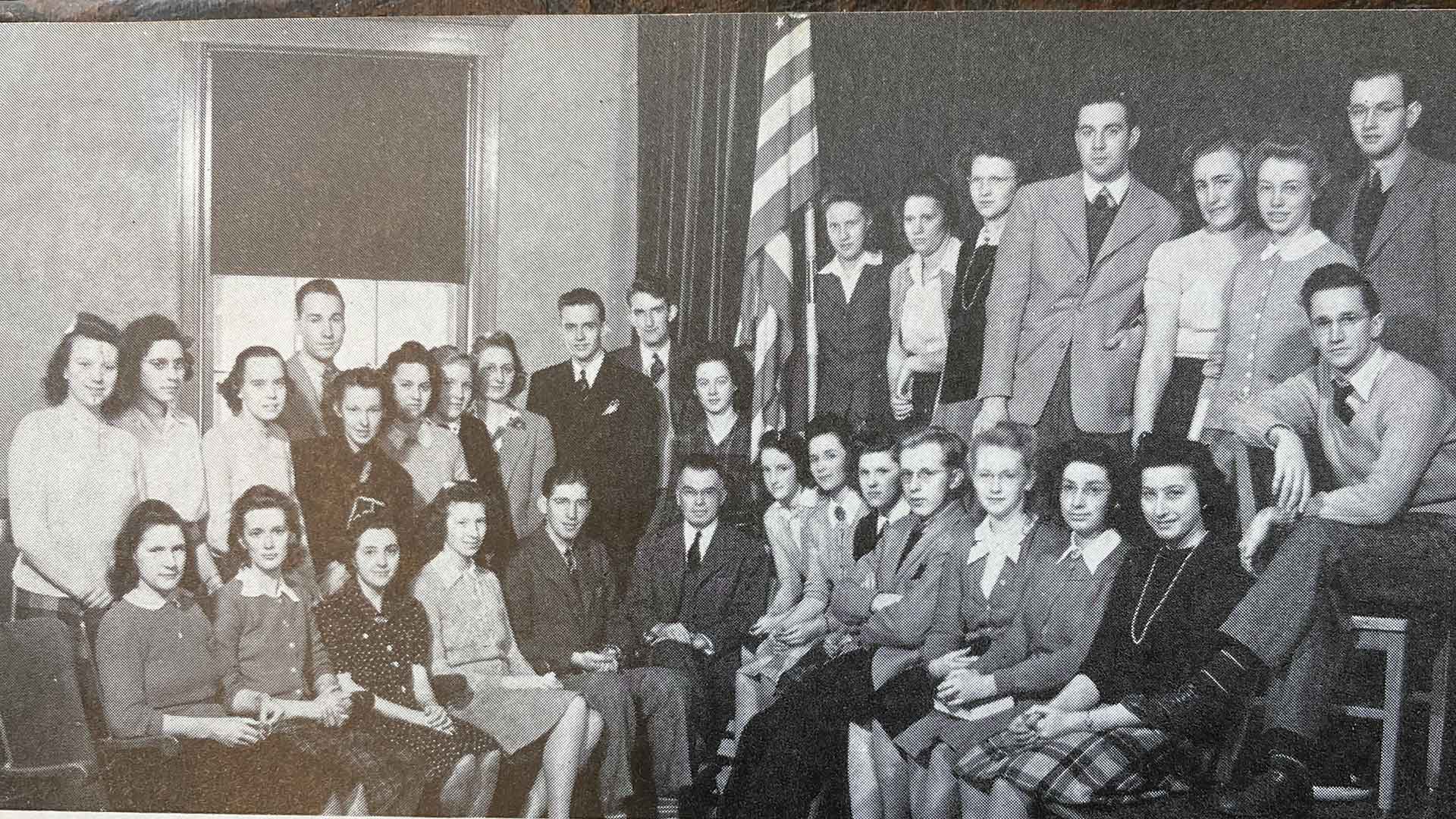 Black and white photo of a group of Houghton students.