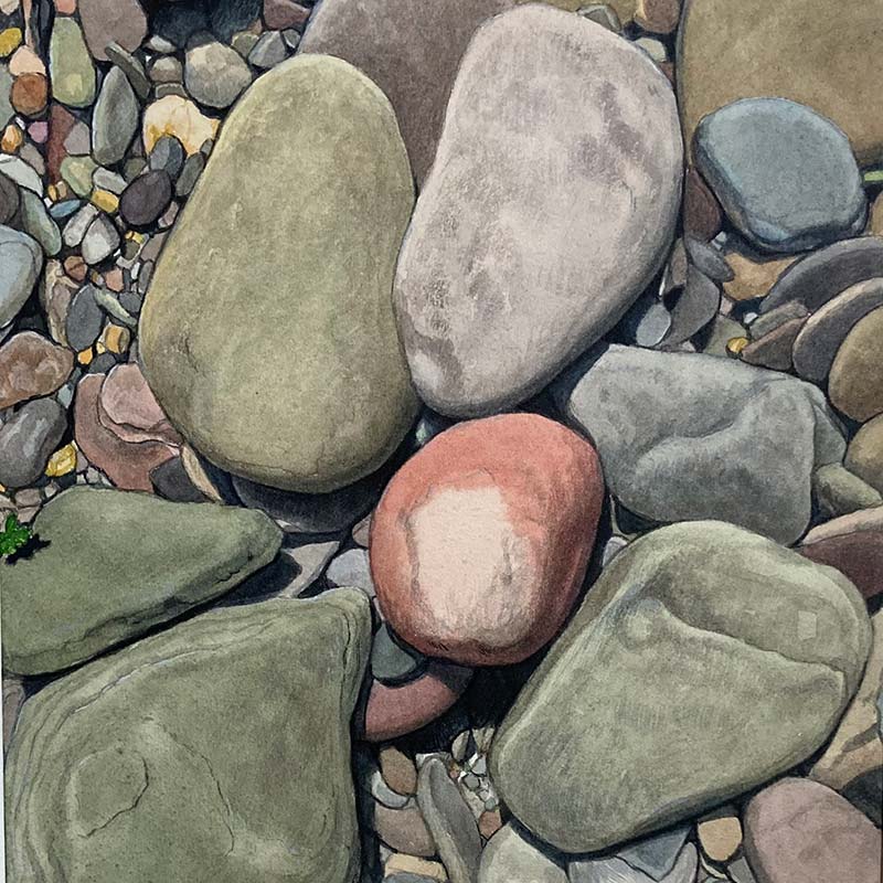 Close up of faculty painting of stones in water at the faculty art show at Houghton.