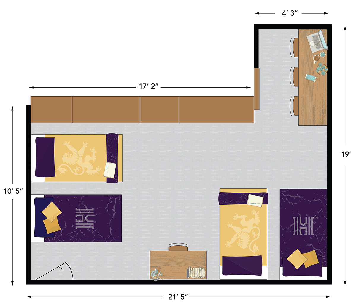 Diagram of a quad room in Gillette Hall at Houghton University.