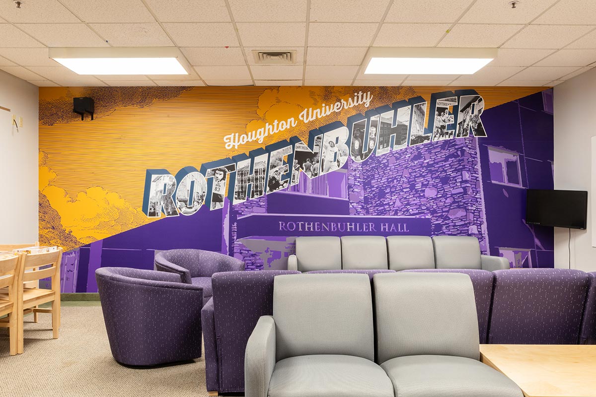 Rothenbuhler hall lounge with large art graphic.