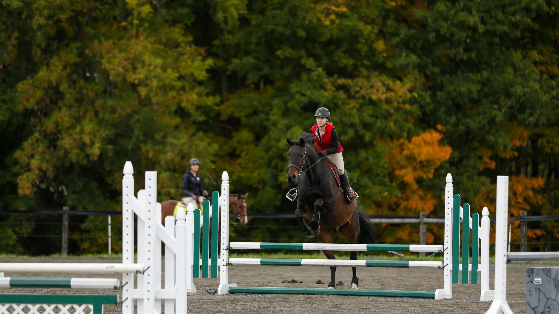 Houghton equestrian student riding her horse over jump in outdoor arena.
