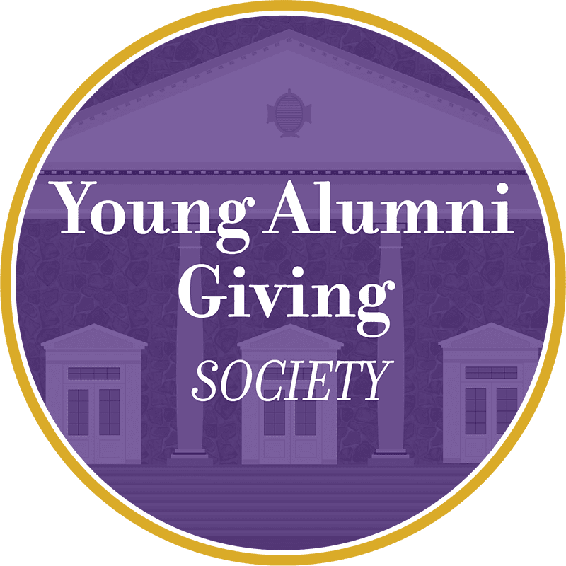 Houghton purple wordmark with gold border. Text reads Young Alumni Giving Society.