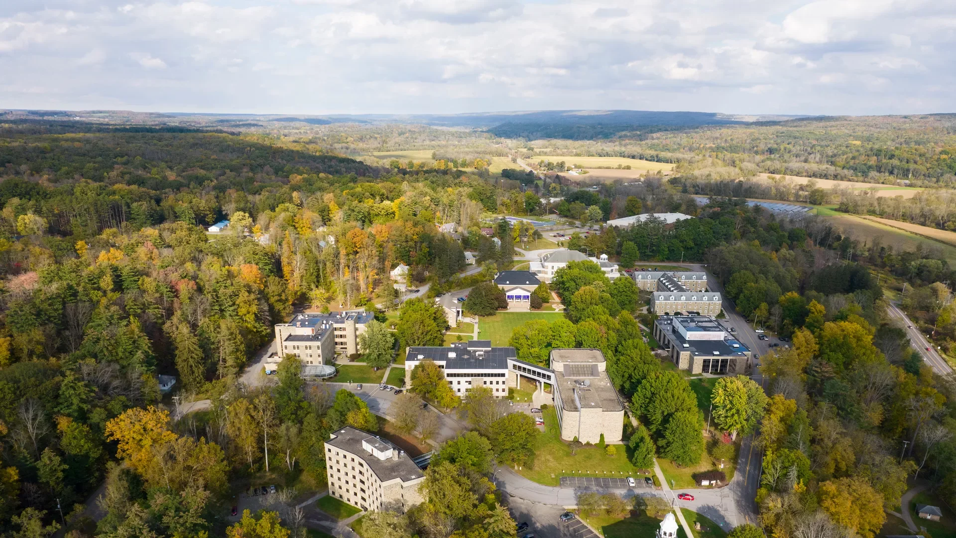 Aerial view of Houghton's campus located in the Genesee Valley of Western NY.