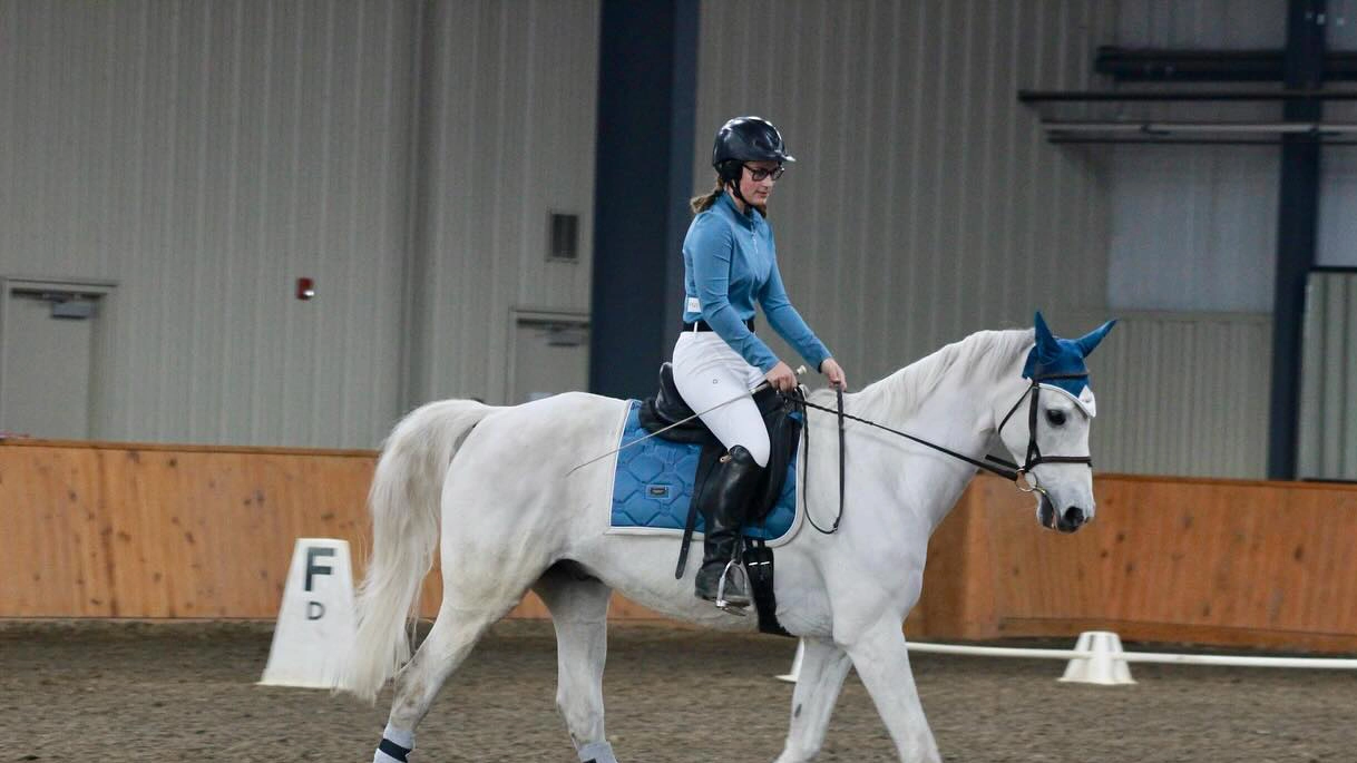 Houghton equestrian student riding horse in indoor arena.