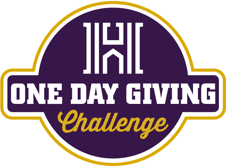 One Day Giving Challenge wordmark. White Houghton H with the words One Day Giving challenge on purple background.