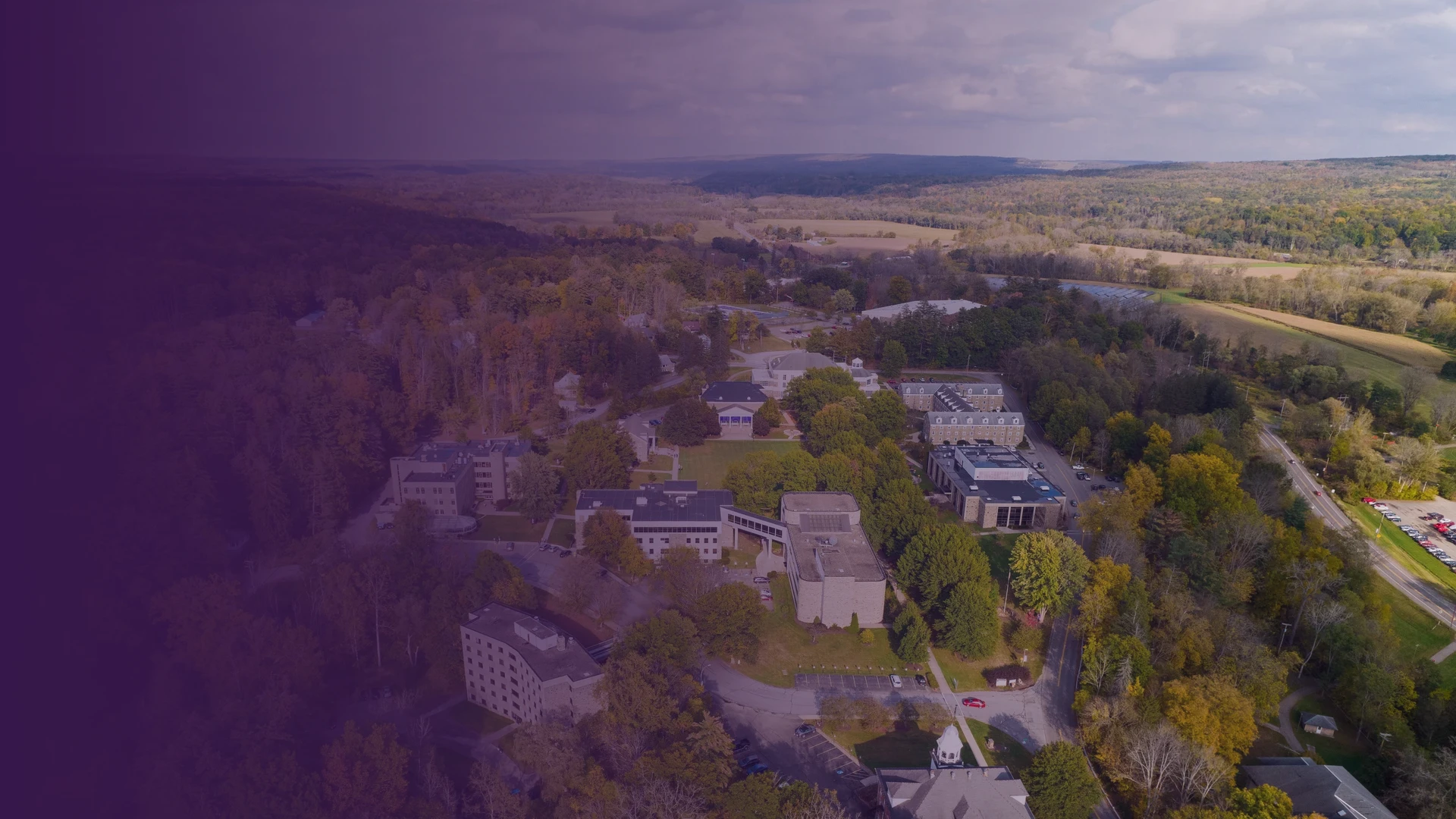 Aerial view of Houghton University's campus in the Genesee Valley.