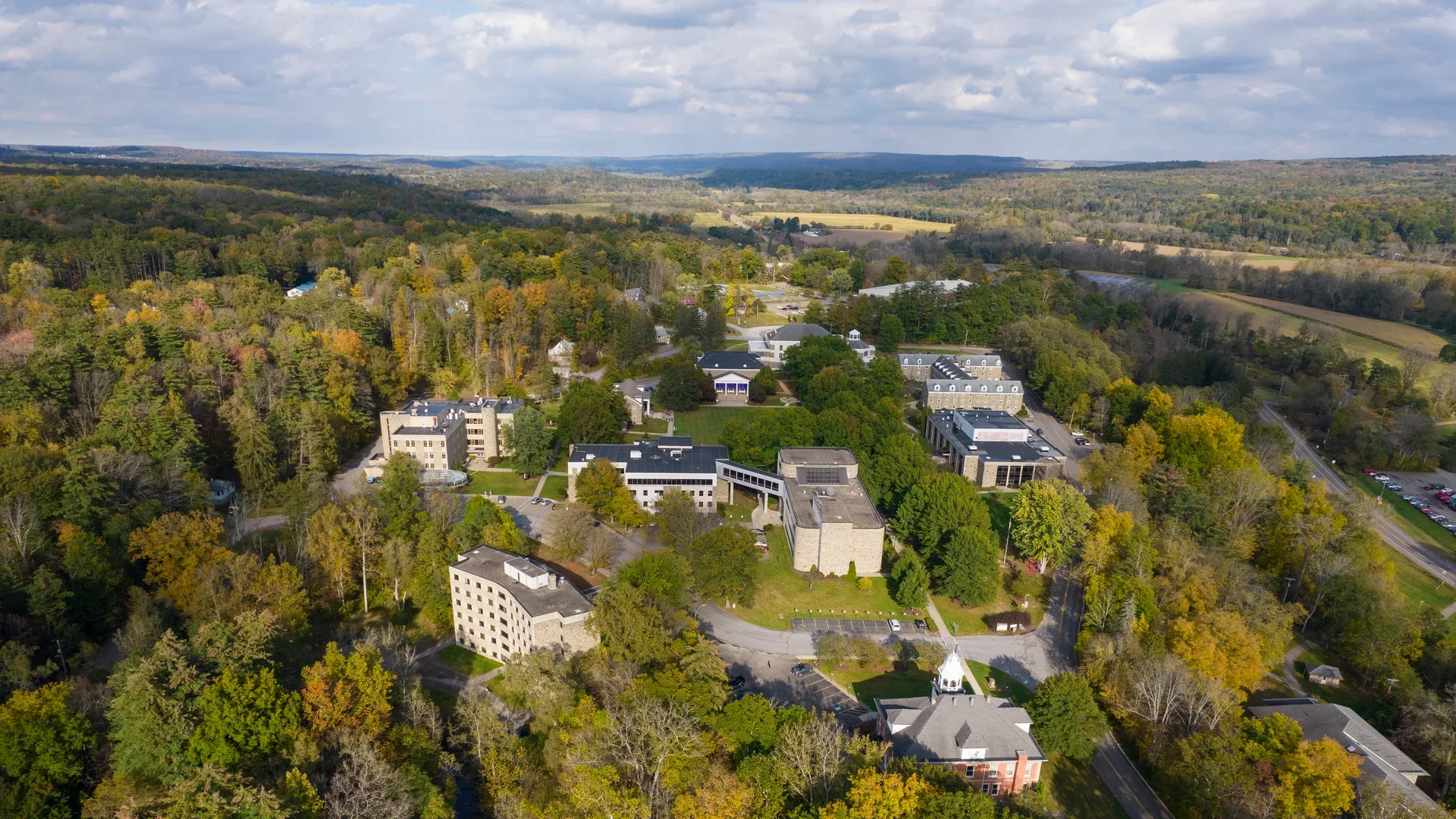 Aerial view of Houghton University's campus during the fall.
