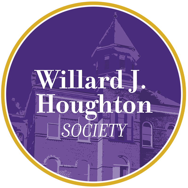 Houghton University Willard J Houghton wordmark. White text on purple circular background with gold ring.